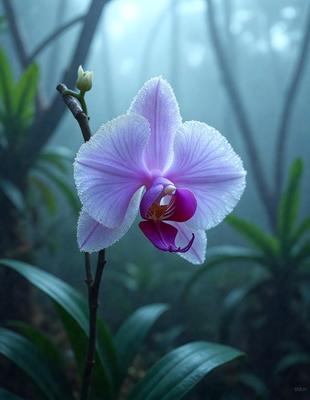 The primary subject of the image is a purple orchid flower with a white center, sitting on a branch in a forest. The setting is a lush green forest with trees in the background. The visual style is a close-up of the flower, showcasing its details. The colors and mood of the image are vibrant and serene, with the purple orchid standing out against the green forest backdrop.